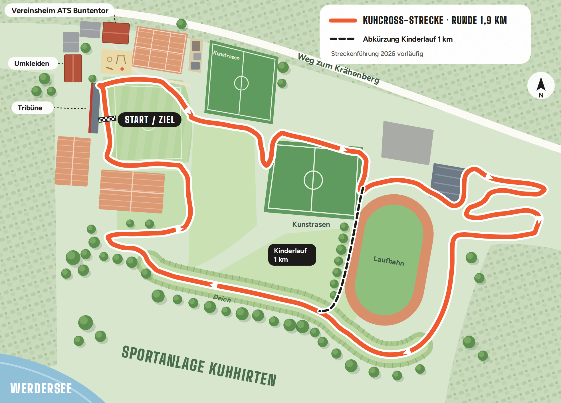 Streckenplan des Kuhcross: Rundkurs über die Sportanlage Kuhhirten, vorbei an Kunstrasen, Laufbahn und Vereinsheim des ATS Buntentor